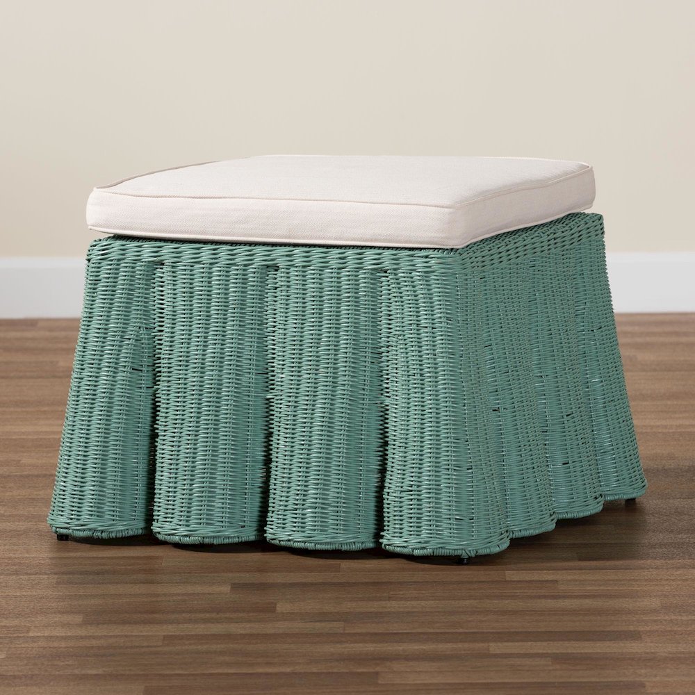 Palm Bohemian Seafoam Green Scallop Rattan Ottoman