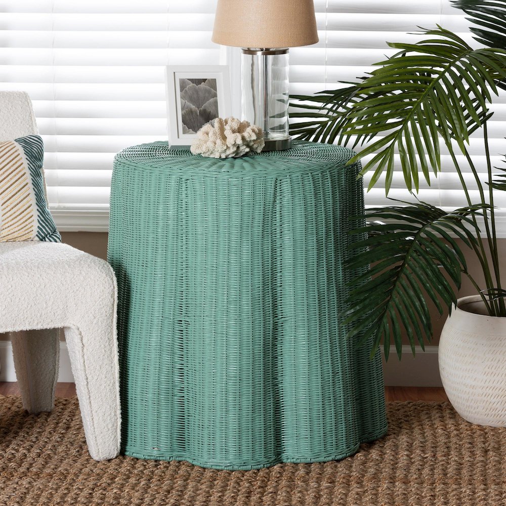 Palm Scallop Natural Rattan Console Table - Handwoven Wicker Round Accent Table
