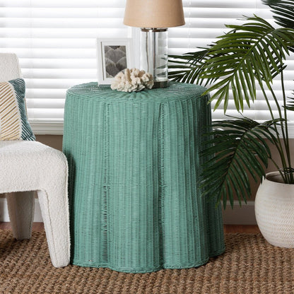 Palm Scallop Natural Rattan Console Table - Handwoven Wicker Round Accent Table