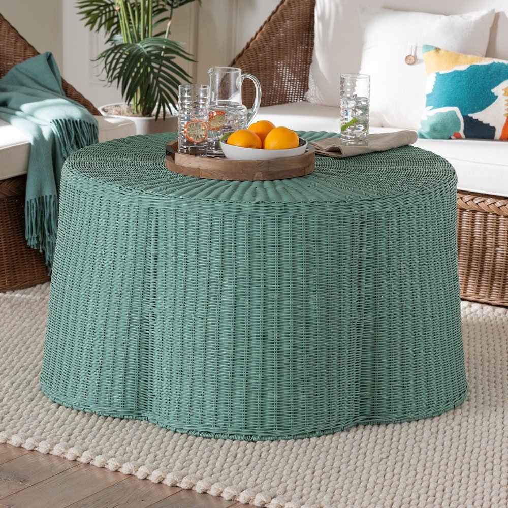 Palm Bohemian Seafoam Green Scalloped Rattan Coffee Table