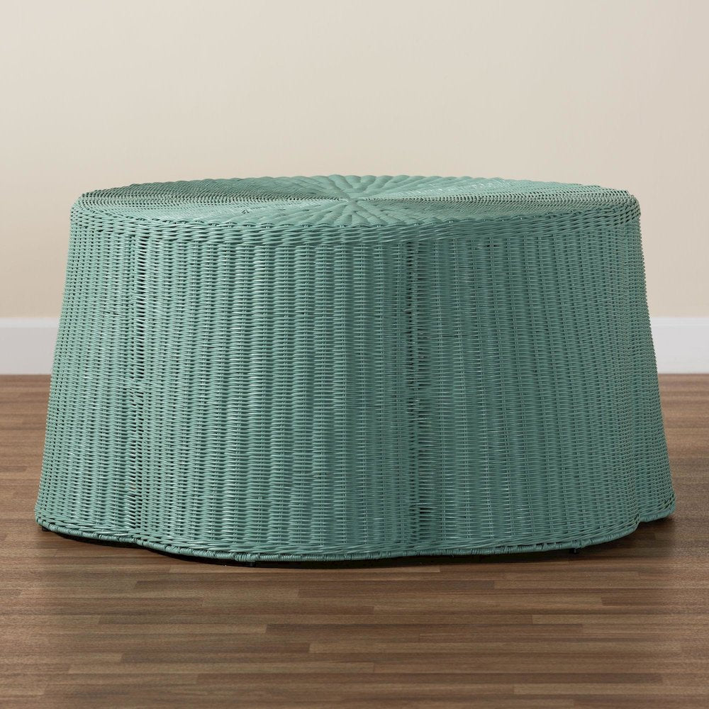 Palm Bohemian Seafoam Green Scalloped Rattan Coffee Table
