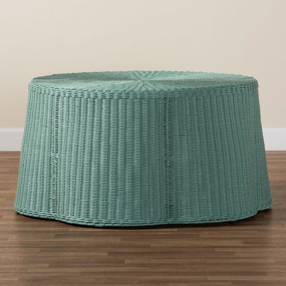 Palm Bohemian Seafoam Green Scalloped Rattan Coffee Table