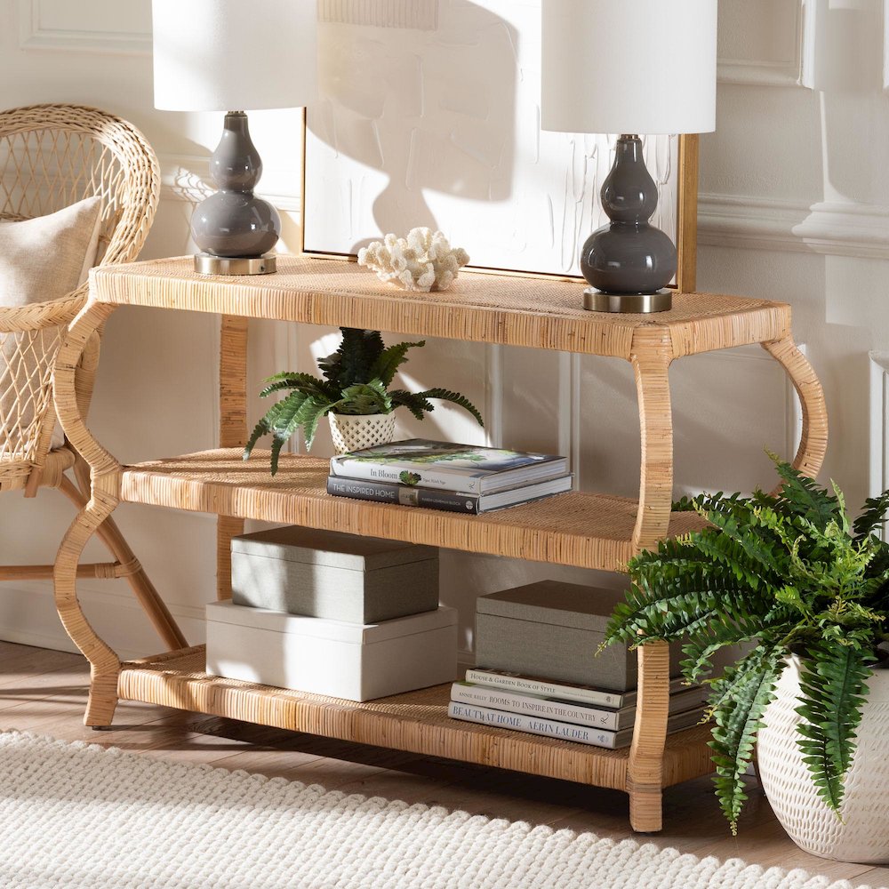 Dalida Bohemian Natural Rattan 3-Tier Console Table