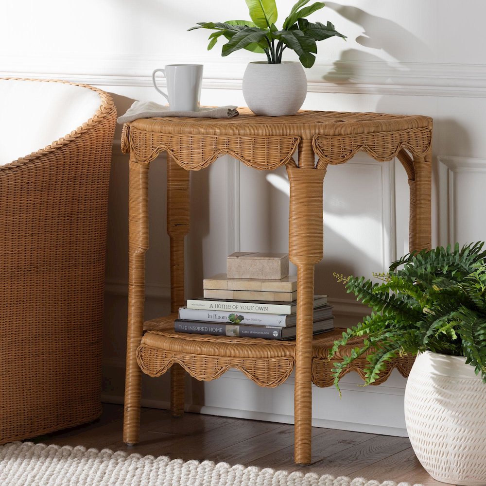 Paisley Bohemian Scallop Light Honey Rattan Console Table