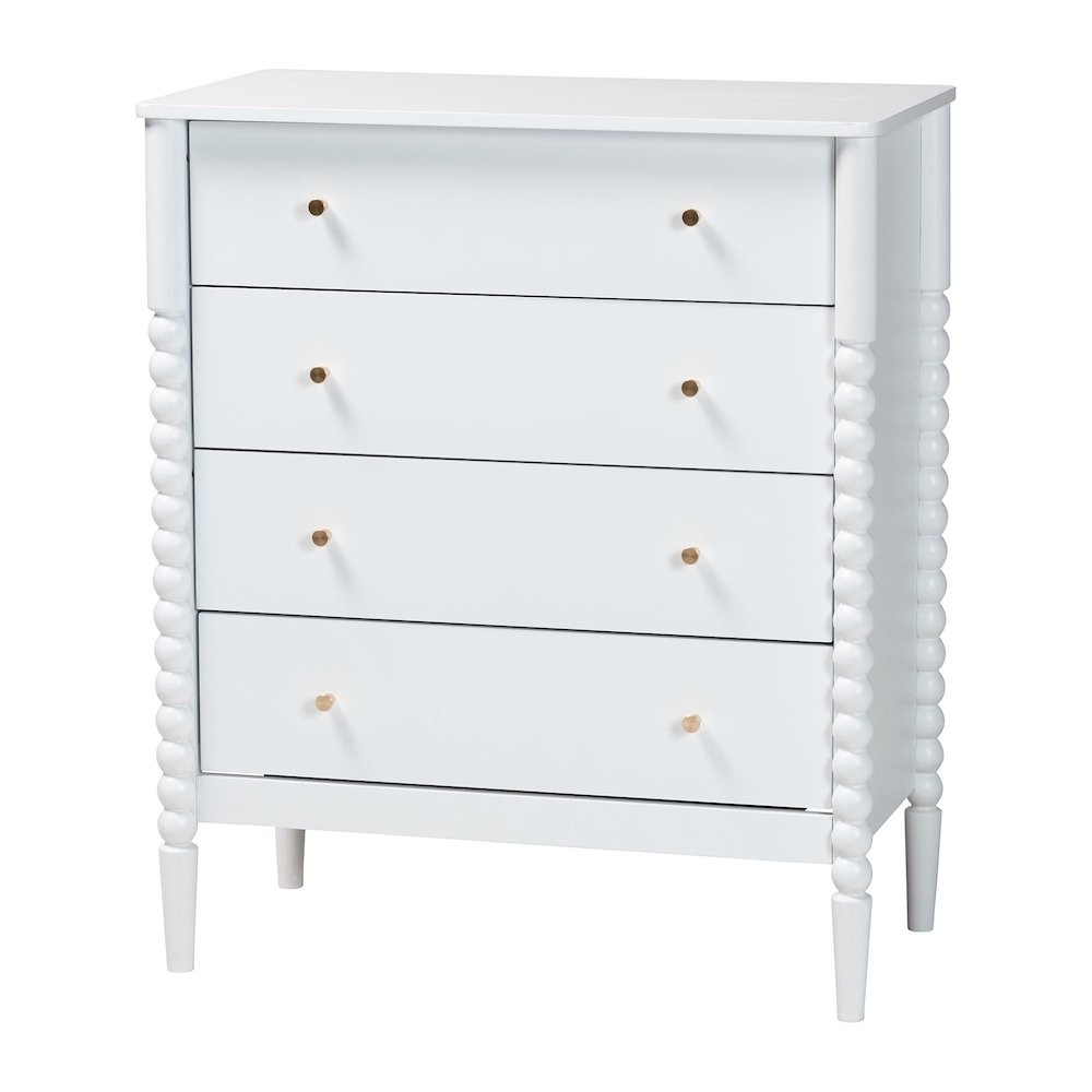 Lucera Mid-Century White Bobbin Wood 4-Drawer Chest