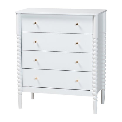 Lucera Mid-Century White Bobbin Wood 4-Drawer Chest
