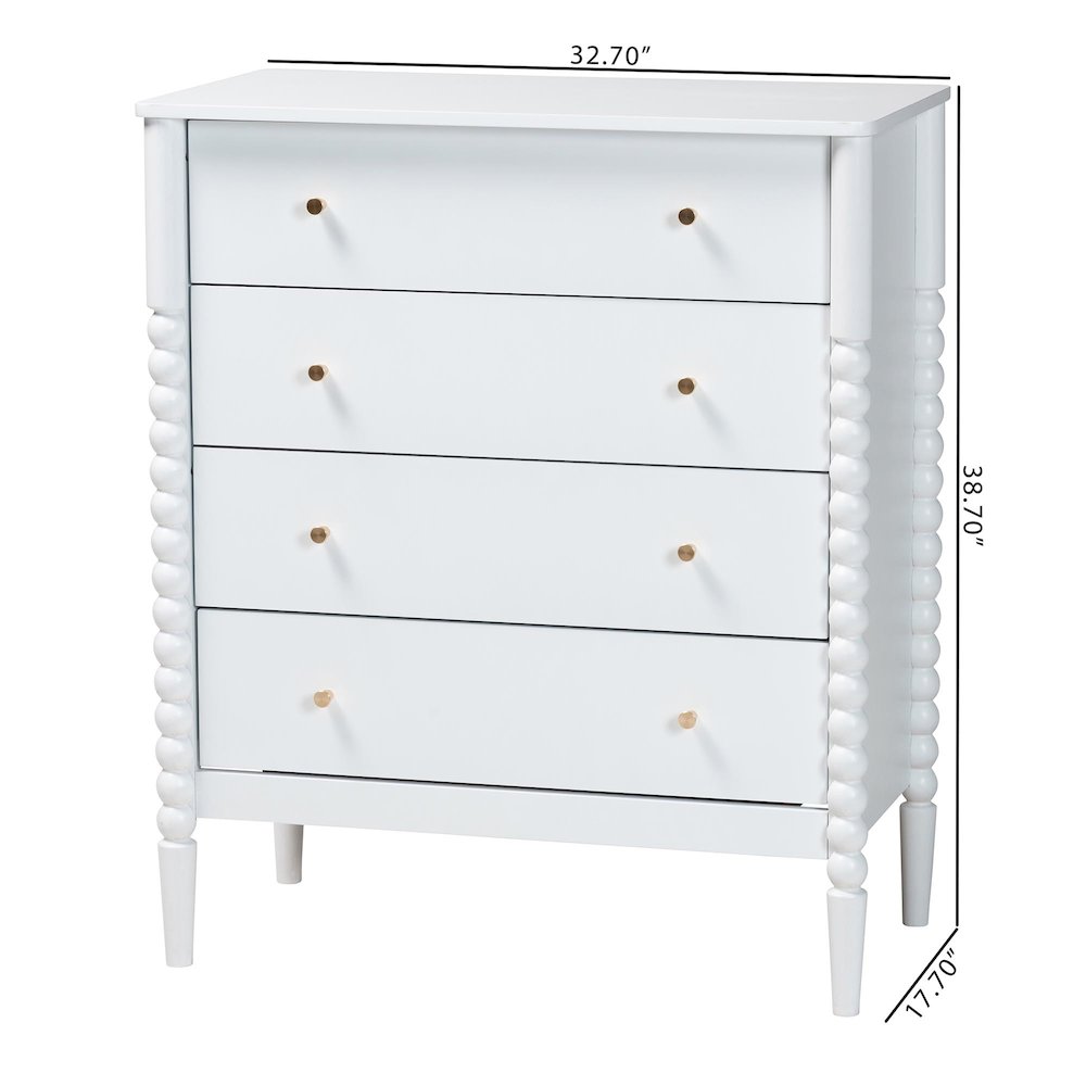 Lucera Mid-Century White Bobbin Wood 4-Drawer Chest