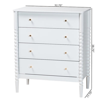 Lucera Mid-Century White Bobbin Wood 4-Drawer Chest