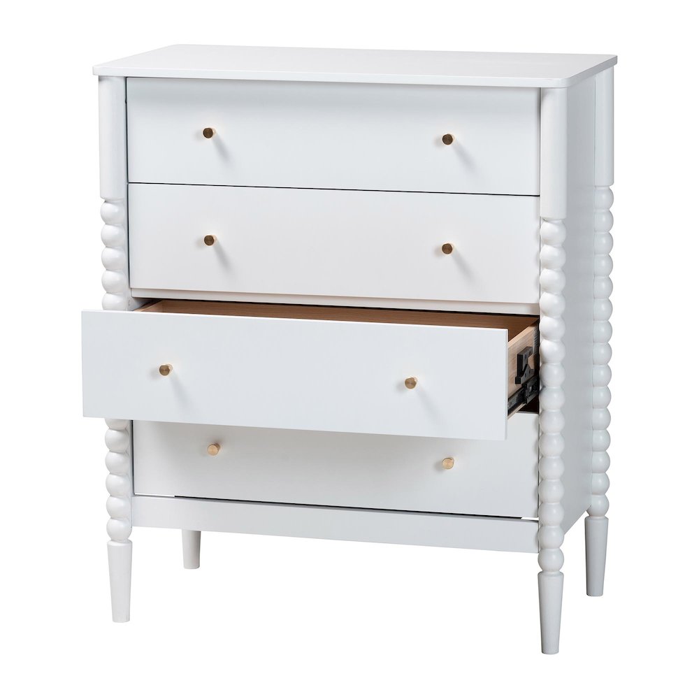 Lucera Mid-Century White Bobbin Wood 4-Drawer Chest