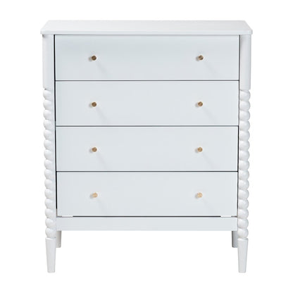 Lucera Mid-Century White Bobbin Wood 4-Drawer Chest