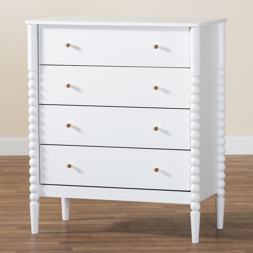 Lucera Mid-Century White Bobbin Wood 4-Drawer Chest