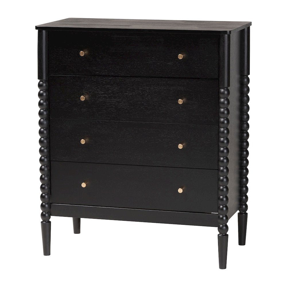 Lucera Mid-Century Black Bobbin Wood 4-Drawer Chest