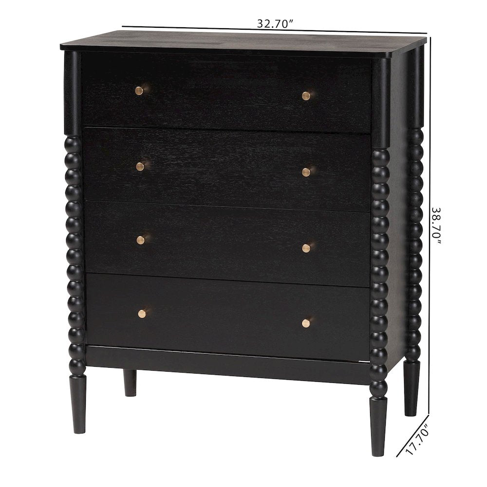 Lucera Mid-Century Black Bobbin Wood 4-Drawer Chest