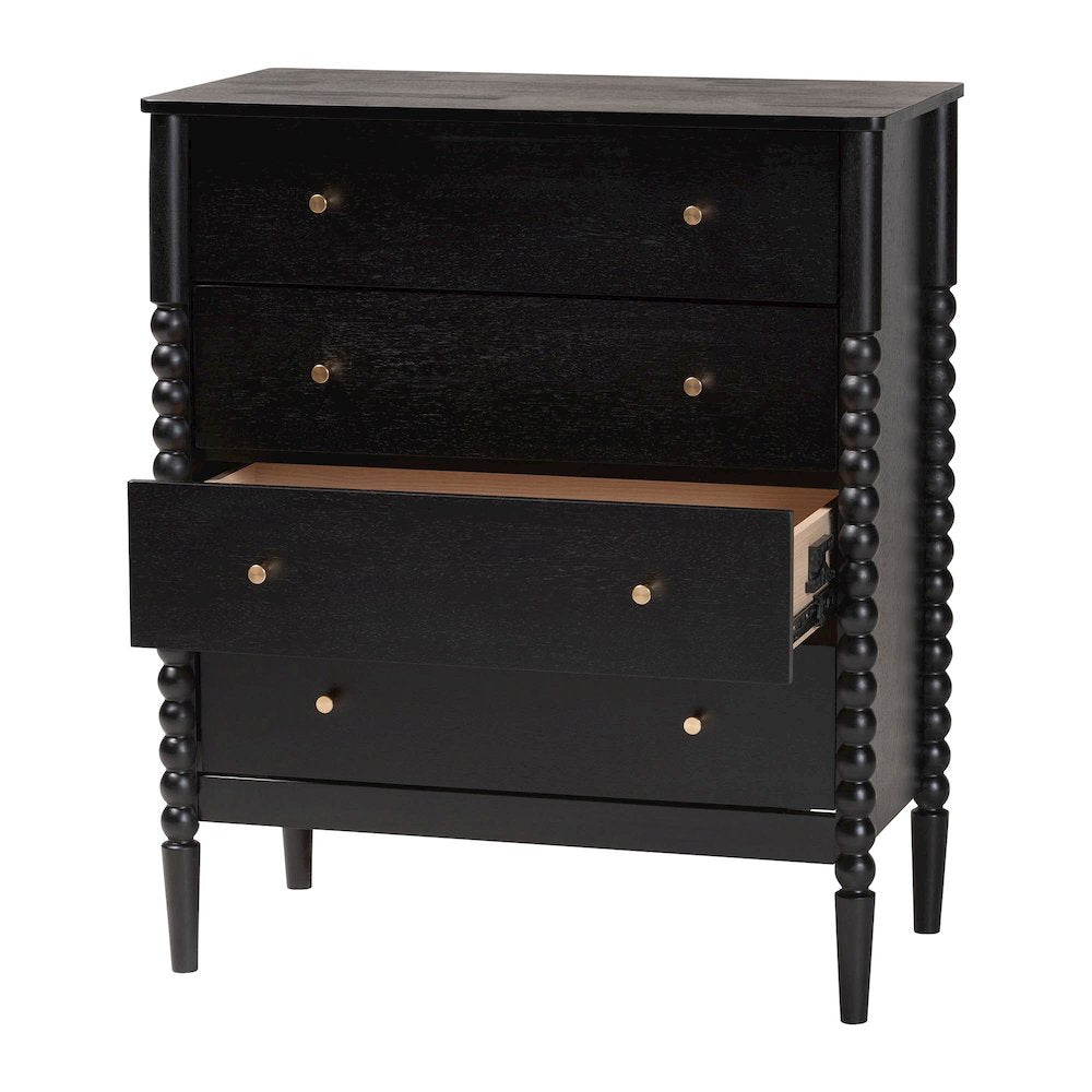 Lucera Mid-Century Black Bobbin Wood 4-Drawer Chest