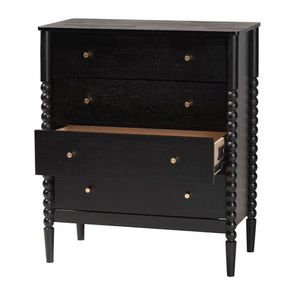 Lucera Mid-Century Black Bobbin Wood 4-Drawer Chest
