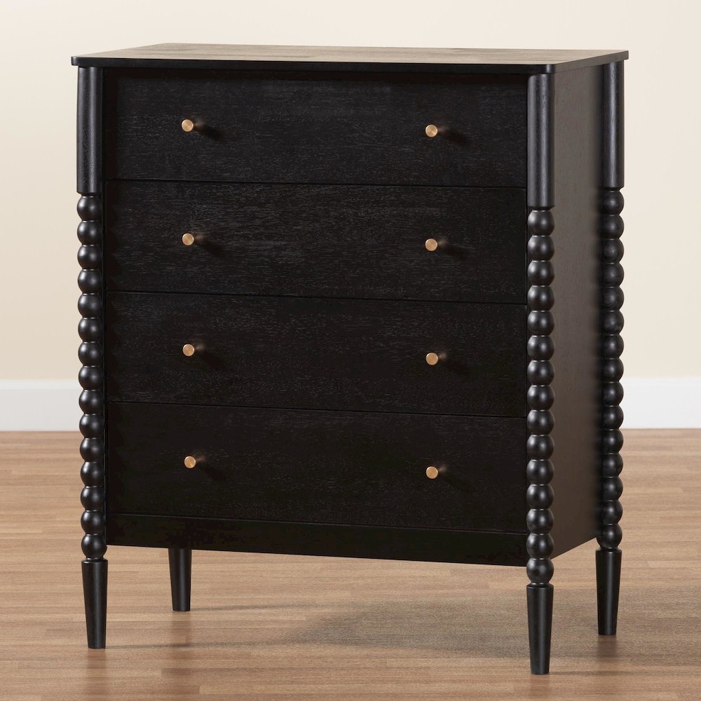 Lucera Mid-Century Black Bobbin Wood 4-Drawer Chest