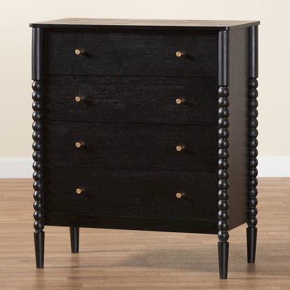 Lucera Mid-Century Black Bobbin Wood 4-Drawer Chest