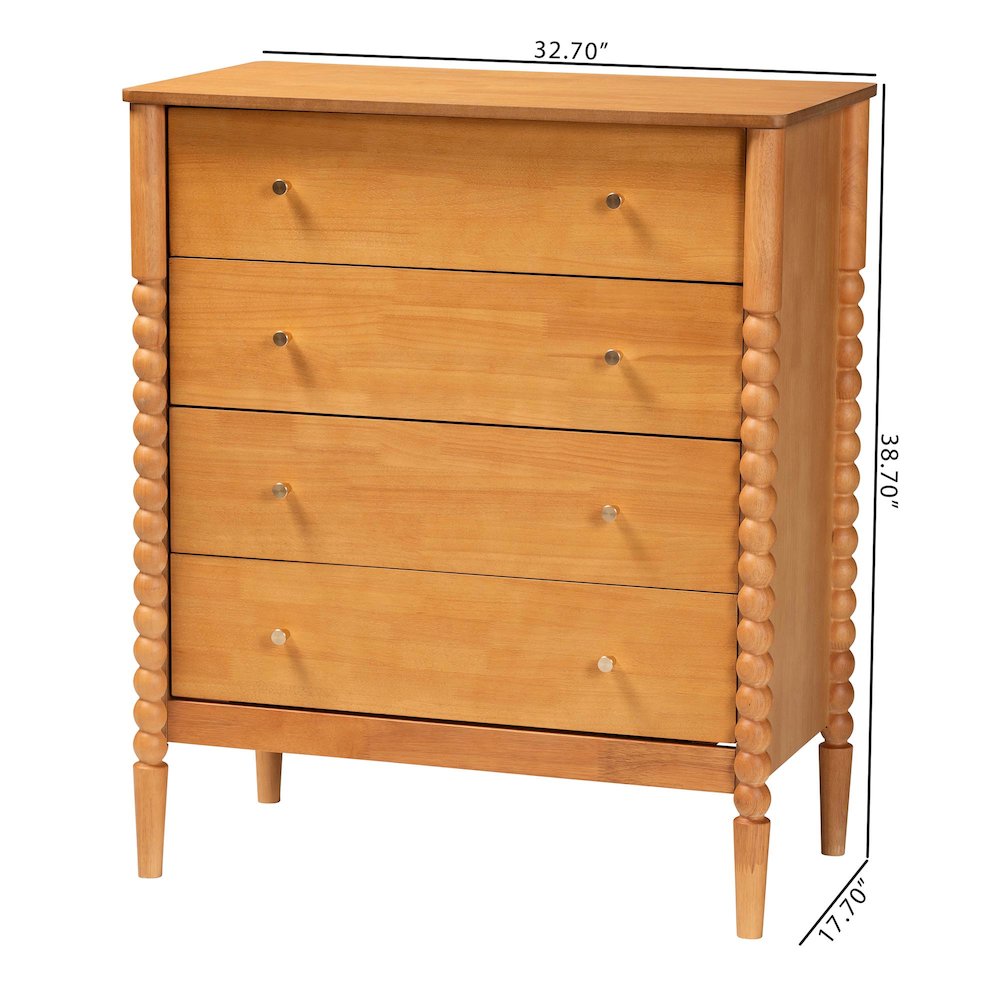 Lucera Mid-Century Oak Brown Bobbin Wood 4-Drawer Chest