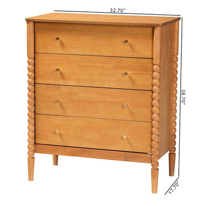 Lucera Mid-Century Oak Brown Bobbin Wood 4-Drawer Chest