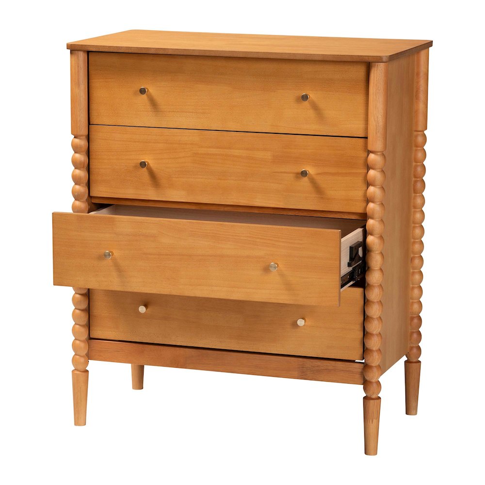 Lucera Mid-Century Oak Brown Bobbin Wood 4-Drawer Chest