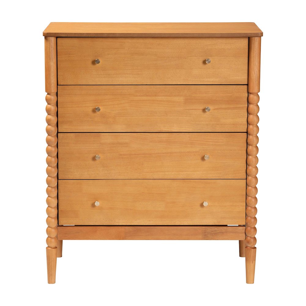 Lucera Mid-Century Oak Brown Bobbin Wood 4-Drawer Chest