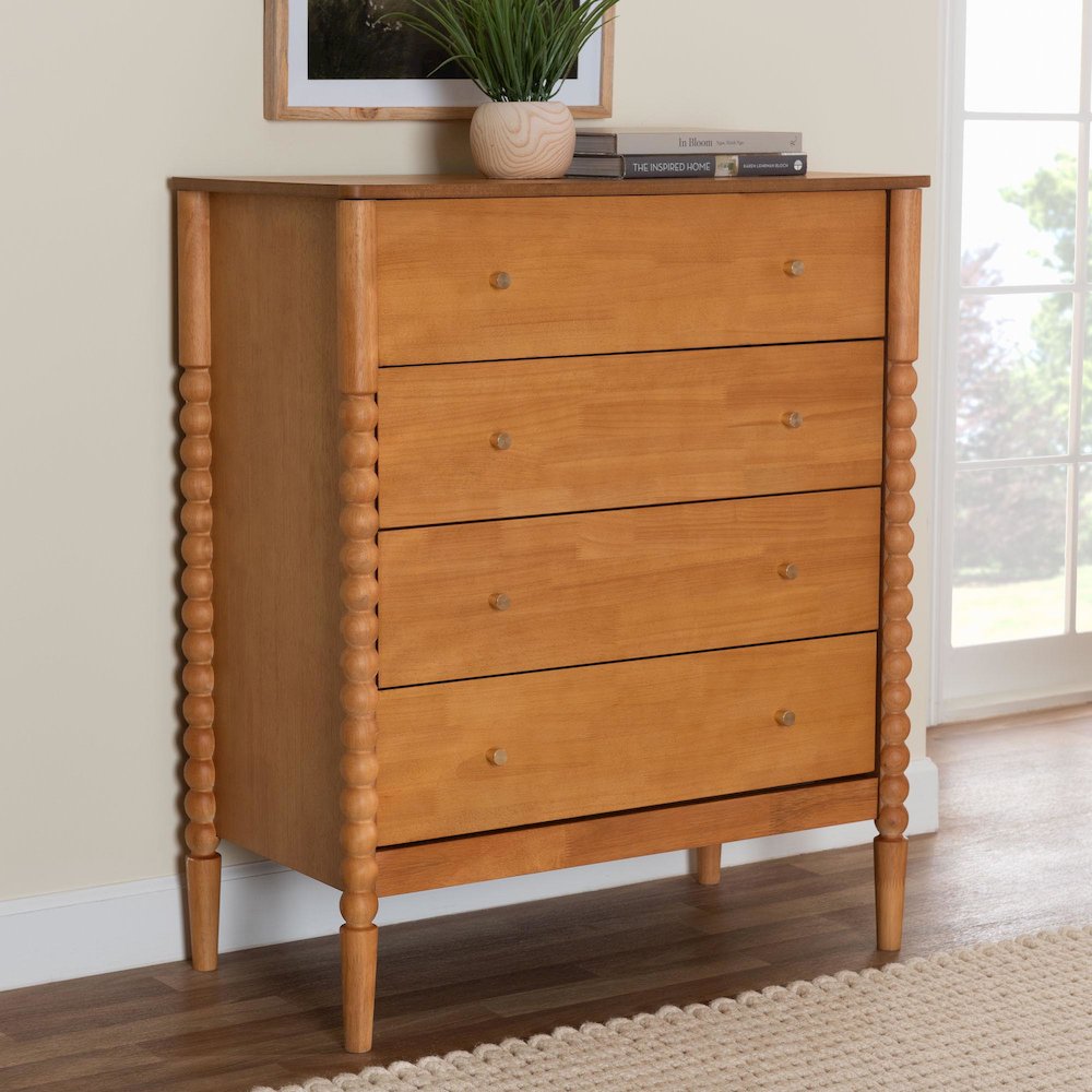Lucera Mid-Century Oak Brown Bobbin Wood 4-Drawer Chest
