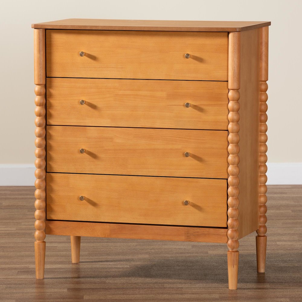 Lucera Mid-Century Oak Brown Bobbin Wood 4-Drawer Chest