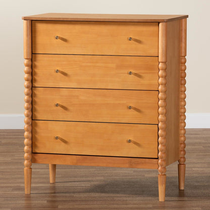 Lucera Mid-Century Oak Brown Bobbin Wood 4-Drawer Chest