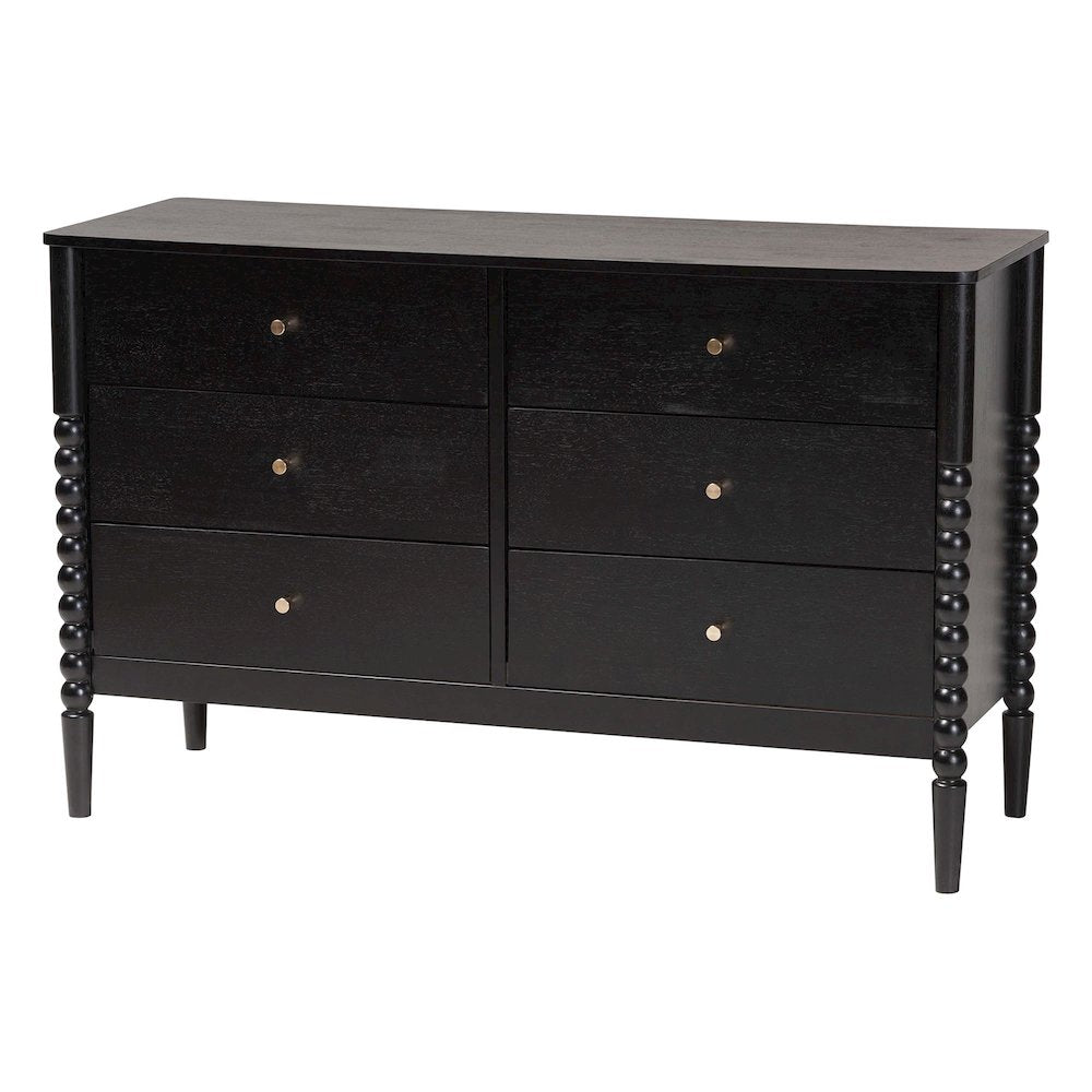 Lucera Mid-Century Black Bobbin Wood 6-Drawer Dresser
