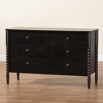 Lucera Mid-Century Black Bobbin Wood 6-Drawer Dresser