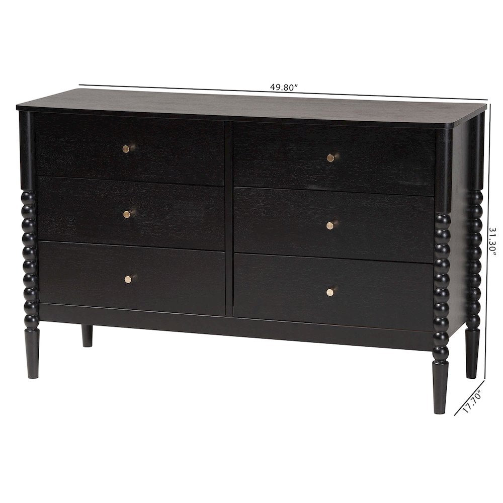 Lucera Mid-Century Black Bobbin Wood 6-Drawer Dresser
