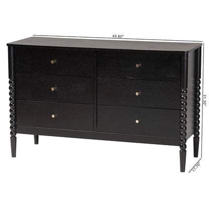 Lucera Mid-Century Black Bobbin Wood 6-Drawer Dresser