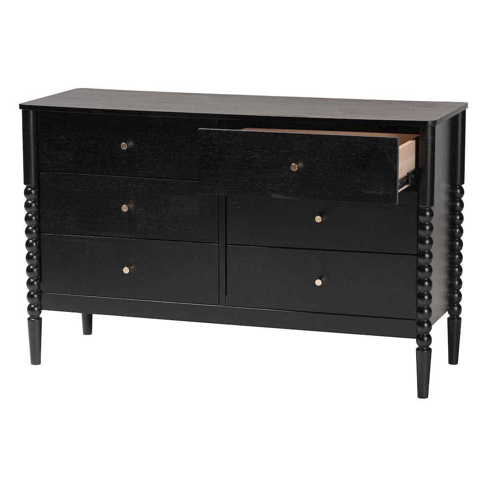Lucera Mid-Century Black Bobbin Wood 6-Drawer Dresser