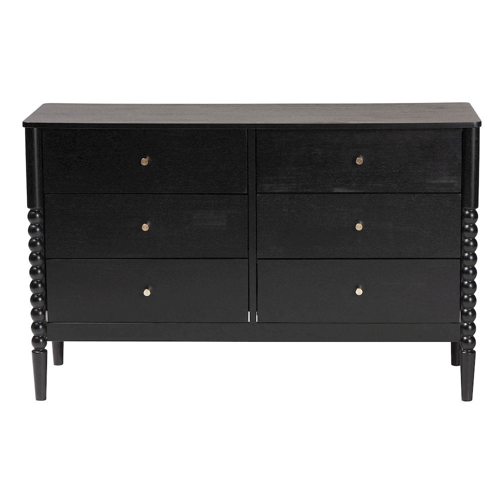 Lucera Mid-Century Black Bobbin Wood 6-Drawer Dresser
