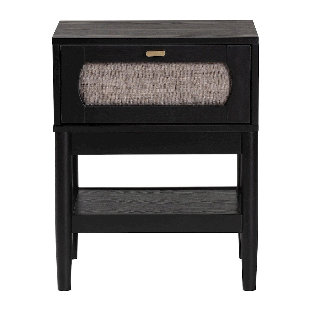 Shirin Mid-Century Beige Fabric and Black Wood 1-Drawer Nightstand