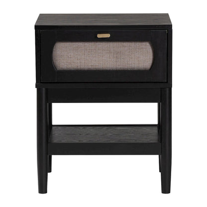 Shirin Mid-Century Beige Fabric and Black Wood 1-Drawer Nightstand