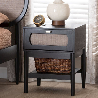 Shirin Mid-Century Beige Fabric and Black Wood 1-Drawer Nightstand
