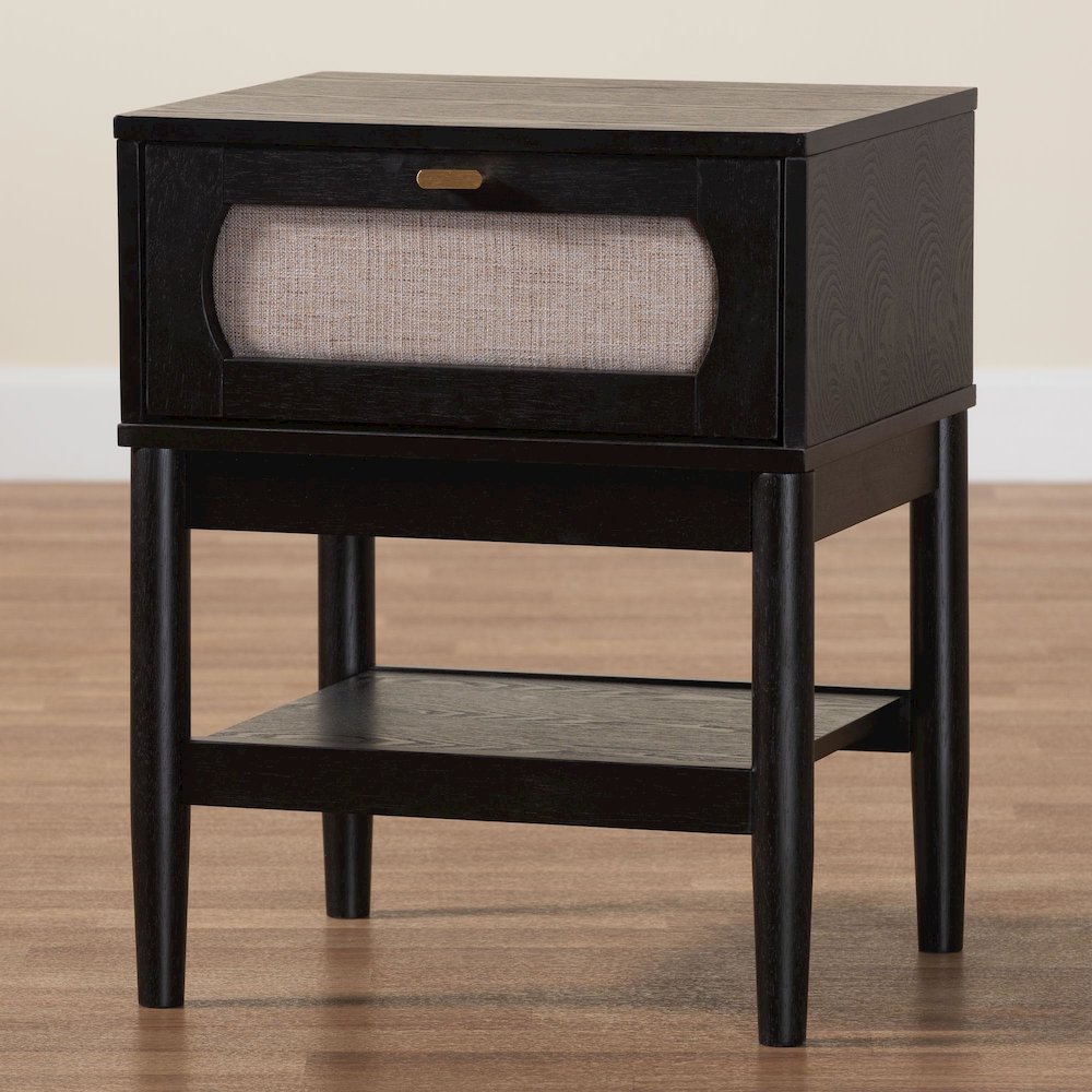 Shirin Mid-Century Beige Fabric and Black Wood 1-Drawer Nightstand