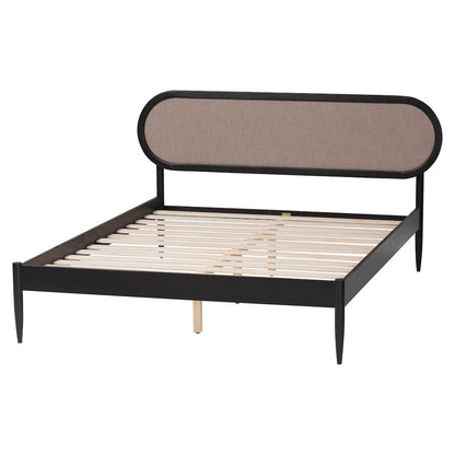 Shirin Mid-Century Beige Fabric and Black Wood Queen Platform Bed