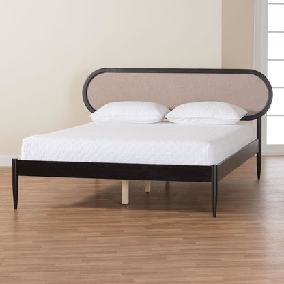 Shirin Mid-Century Beige Fabric and Black Wood Queen Platform Bed