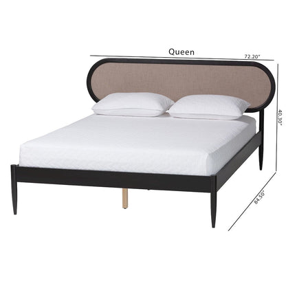 Shirin Mid-Century Beige Fabric and Black Wood Queen Platform Bed