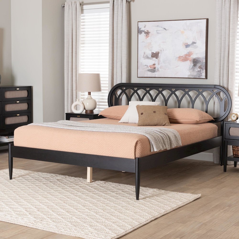 Florica Art Deco Black Wood Queen Platform Bed