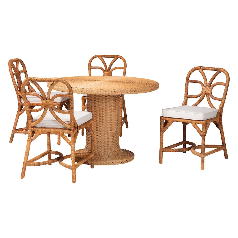 5-Piece Dining Set -Round Wicker Table,Pedestal Base, 4 Side Chairs, Light Honey