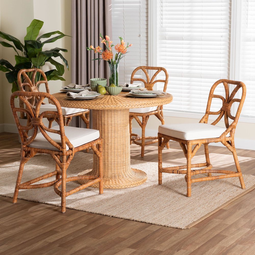 5-Piece Dining Set -Round Wicker Table,Pedestal Base, 4 Side Chairs, Light Honey