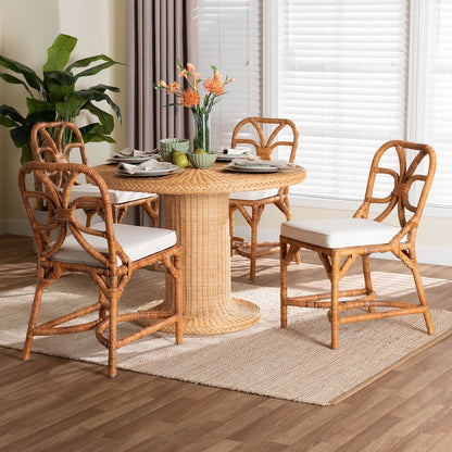 5-Piece Dining Set -Round Wicker Table,Pedestal Base, 4 Side Chairs, Light Honey