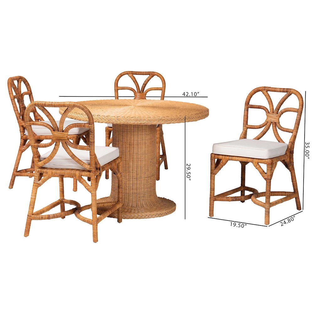 5-Piece Dining Set -Round Wicker Table,Pedestal Base, 4 Side Chairs, Light Honey