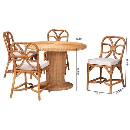 5-Piece Dining Set -Round Wicker Table,Pedestal Base, 4 Side Chairs, Light Honey