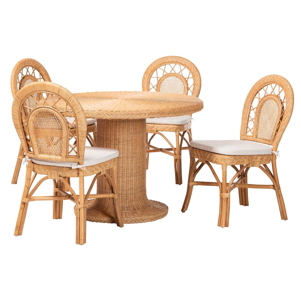 5-Piece Natural Rattan Dining Set, Round Pedestal Table and 4 Curved Back Chairs
