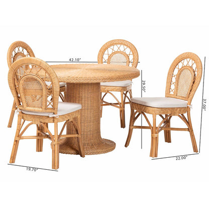 5-Piece Natural Rattan Dining Set, Round Pedestal Table and 4 Curved Back Chairs