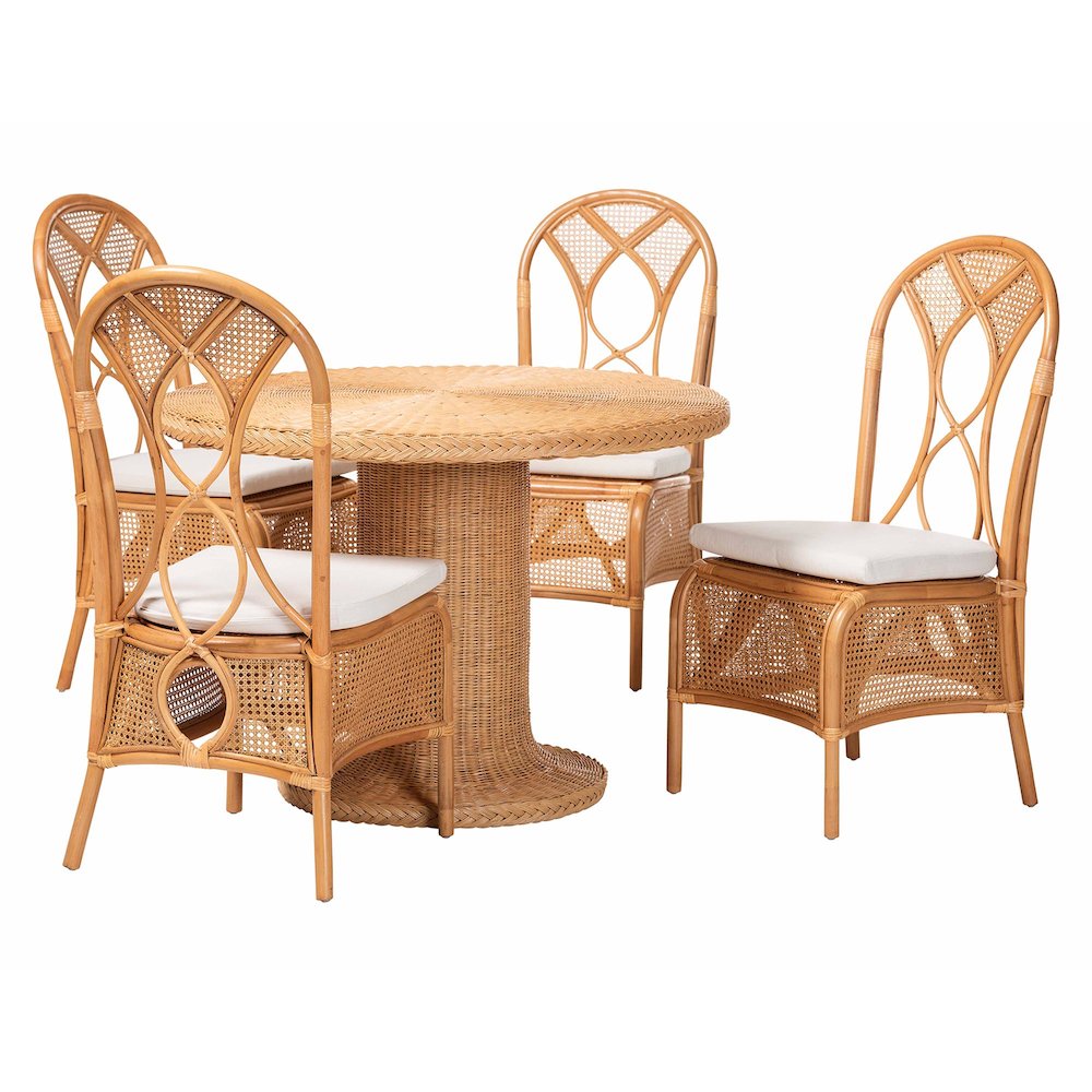 5-Piece Natural Rattan Dining Set, Round Pedestal Table and 4 Chairs